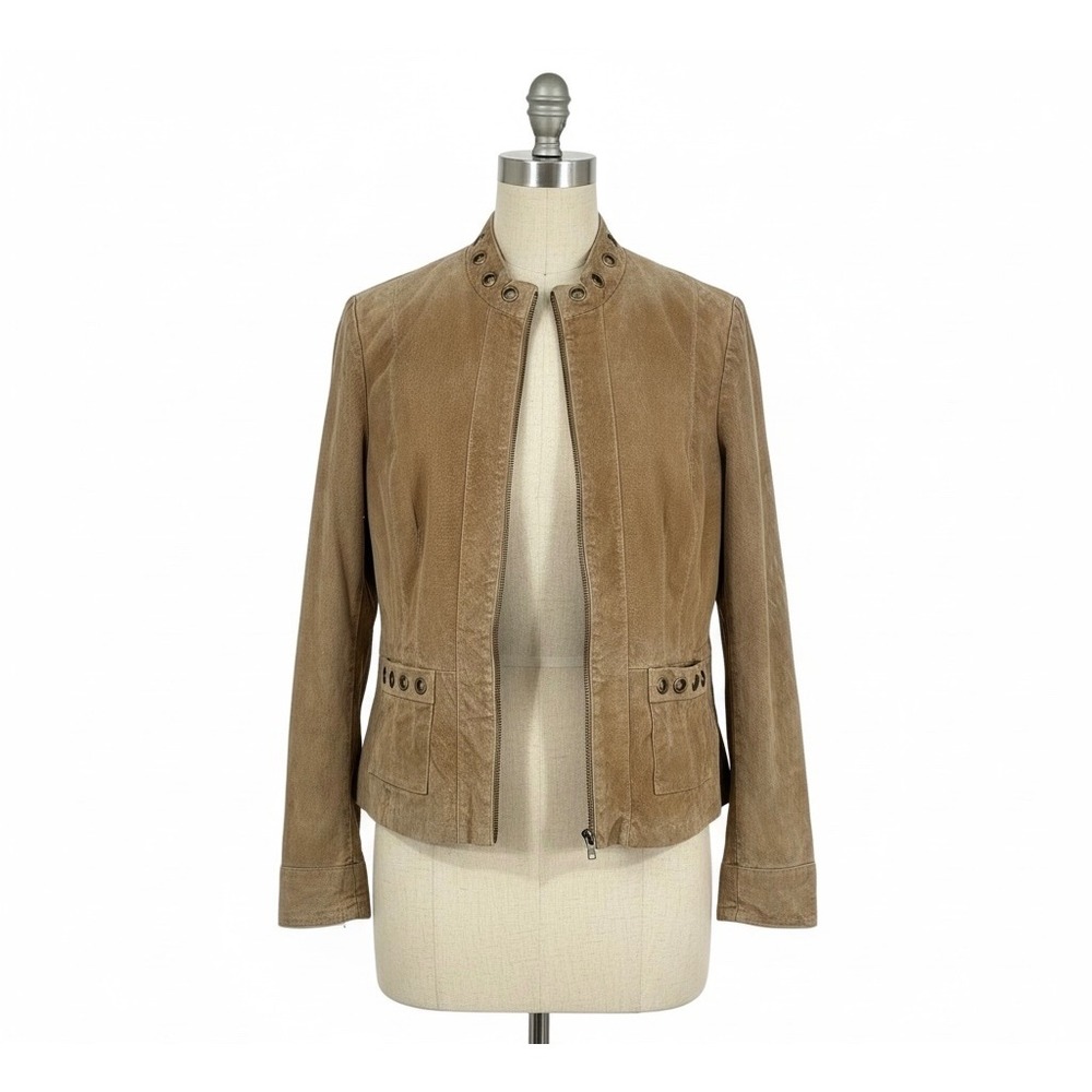 Ruff Hewn Suede Leather Moto Jacket Tan Brown Grommet Collar Small